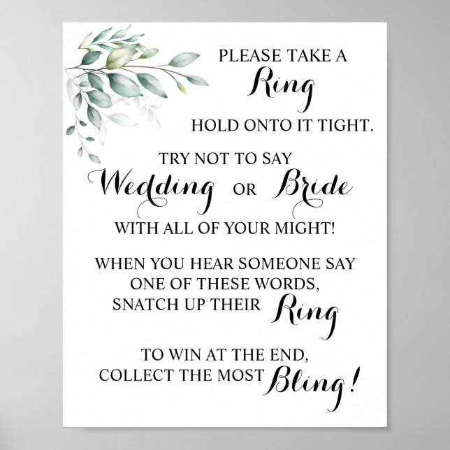 Put a Ring on Eucaliptus Bridal Shower Game Sign (Front)