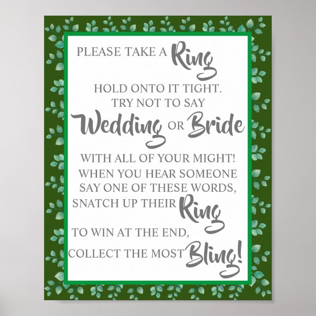 Put a Ring on Eucalyptus Bridal Shower Game Sign (Front)