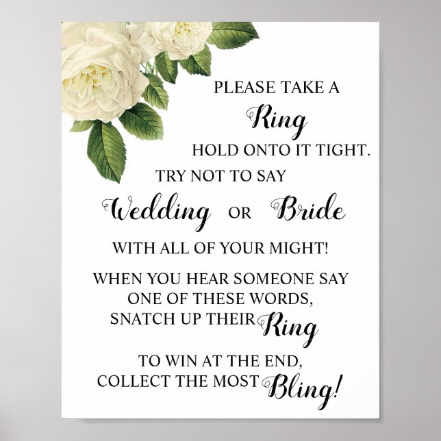 Put a Ring on White Roses Bridal Shower Game Sign (Front)
