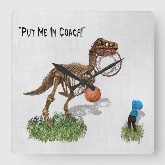 "Put Me in Coach" Dinosaur Art Square Wall Clock (Front)