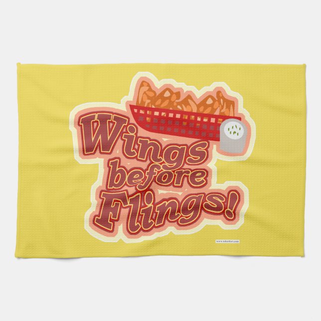 Put Wings Before Flings Funny Chicken Motto Tea Towel (Horizontal)