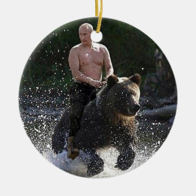 Putin rides a bear! ceramic tree decoration (Front)