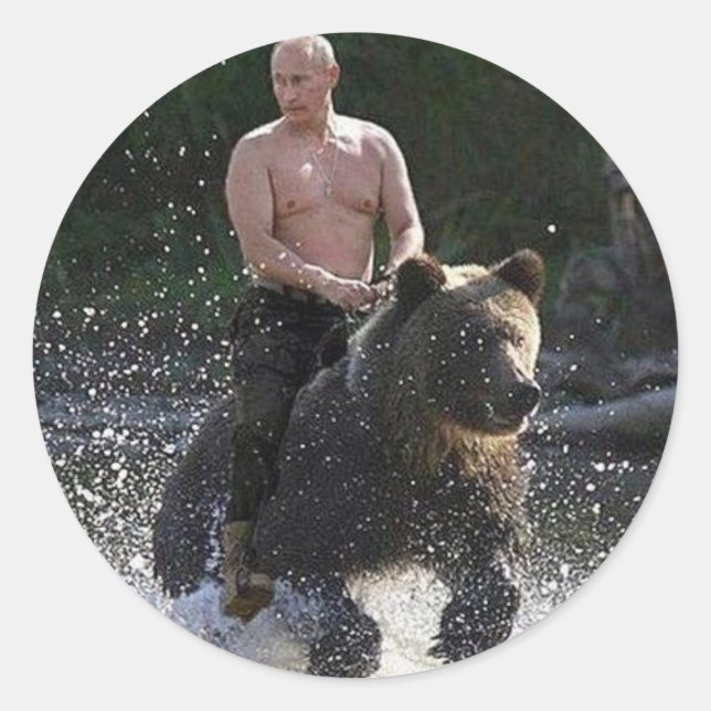 Putin rides a bear! classic round sticker (Front)