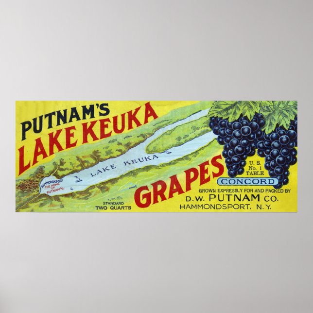 Putnam's Lake Keuka Concord Grapes Label Poster (Front)