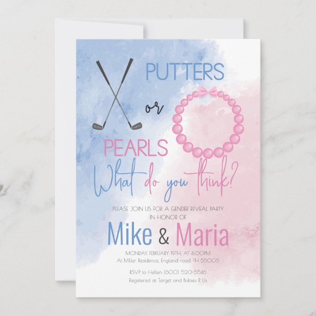Putters or Pearls gender reveal invitation (Front)