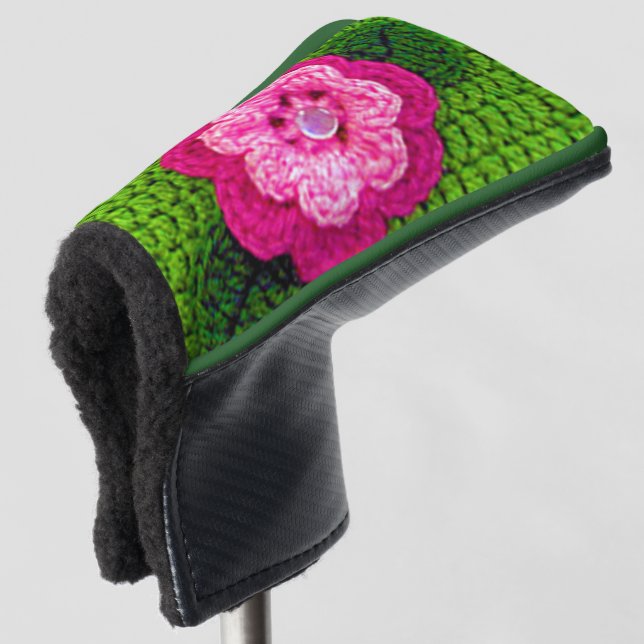 Putting Green Pink Flower Designer Crochet Print Golf Head Cover (3/4 Front)