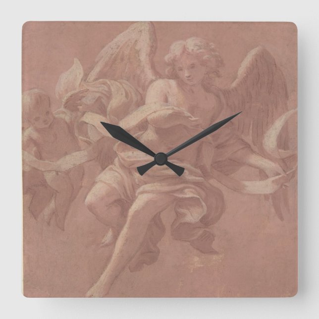 Putto and Angel Holding a Banderole Square Wall Clock (Front)