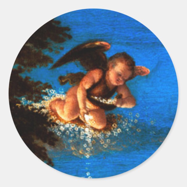 Putto In Blue Sky Pours a Cascade of White Flowers Classic Round Sticker (Front)