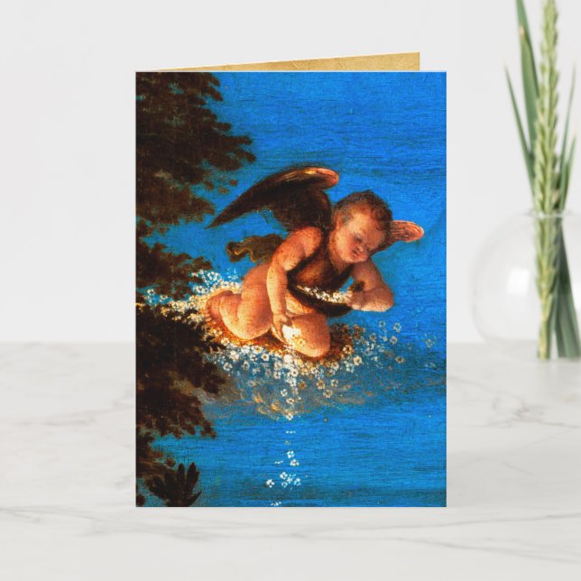 Putto In Blue Sky Pours a Cascade of White Flowers Holiday Card (Front)