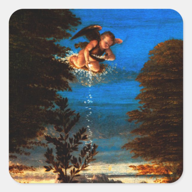 Putto In Blue Sky Pours a Cascade of White Flowers Square Sticker (Front)