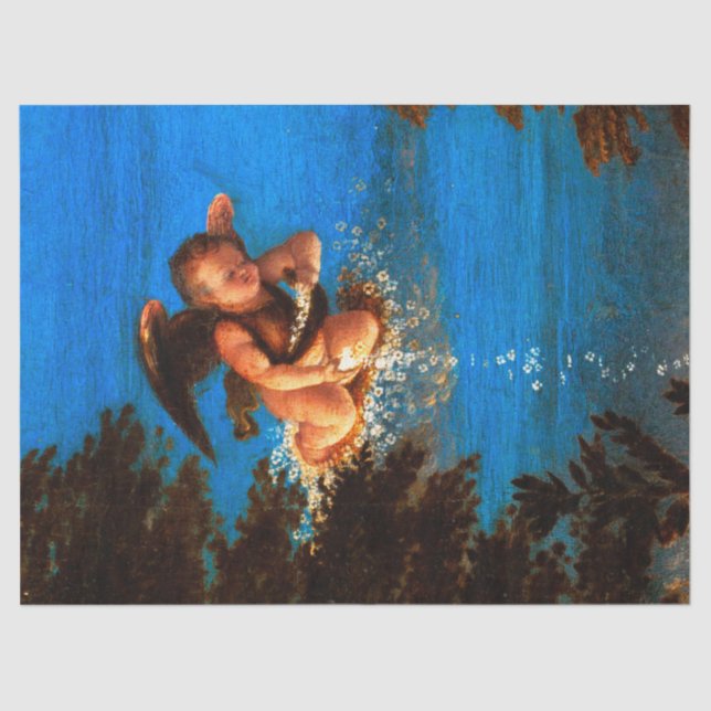 Putto In Blue Sky Pours a Cascade of White Flowers Tissue Paper (Front)
