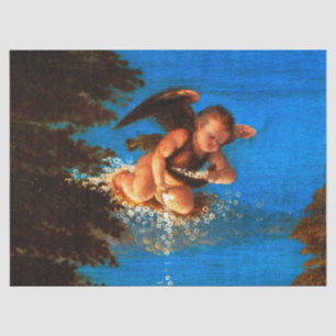 Putto In Blue Sky Pours a Cascade of White Flowers Tissue Paper