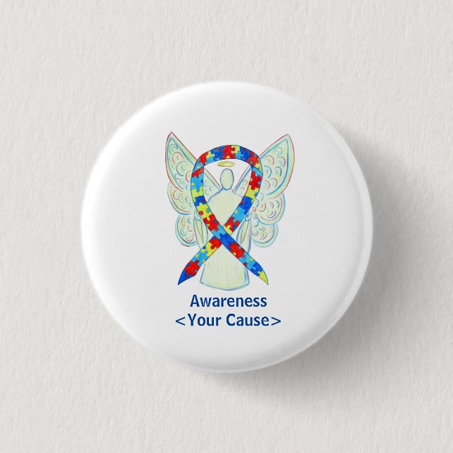 Puzzle Awareness Ribbon Angel Custom Art Pins (Front)