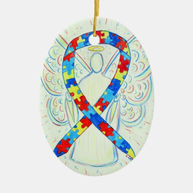 Puzzle Awareness Ribbon Angel Pendant Ornament (Front)