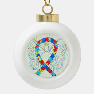 Puzzle Awareness Ribbon Guardian Angel Ornaments