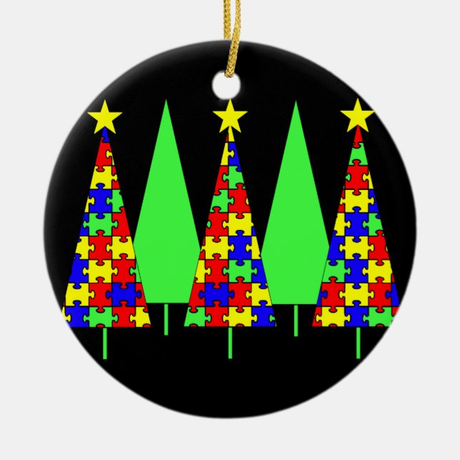 Puzzle Christmas Trees - Autism Awareness Ceramic Tree Decoration (Front)