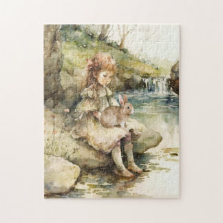Puzzle-Girl with bunny Jigsaw Puzzle