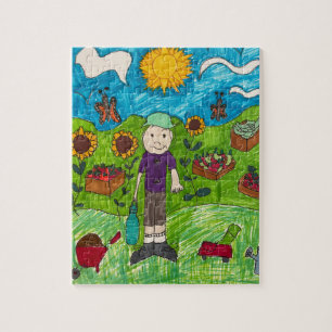 Puzzle: Harvest Time At Farm With Boy Farmer Jigsaw Puzzle