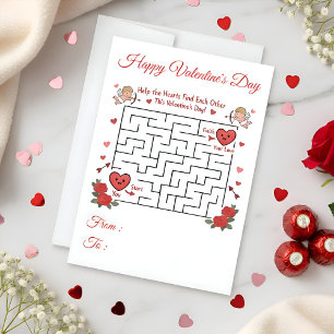 Puzzle Maze Game Hearts Matching Red Roses Holiday Card