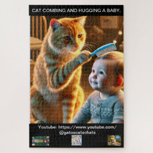 PUZZLE OF A CAT COMBING AND HUGGING A BABY.