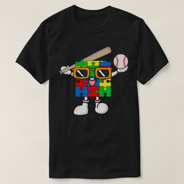 Puzzle Piece Playing Baseball Autism Awareness Boy T-Shirt (Design Front)