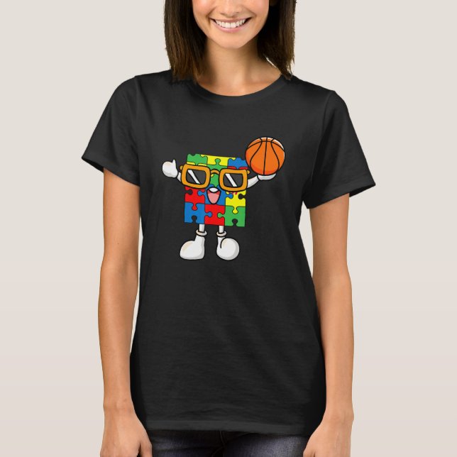 Puzzle Piece Playing Baskeball Autism Awareness Bo T-Shirt (Front)