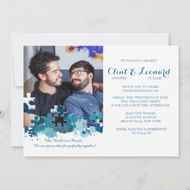 Puzzle Pieces Blue Photo Wedding Invitation (Front)