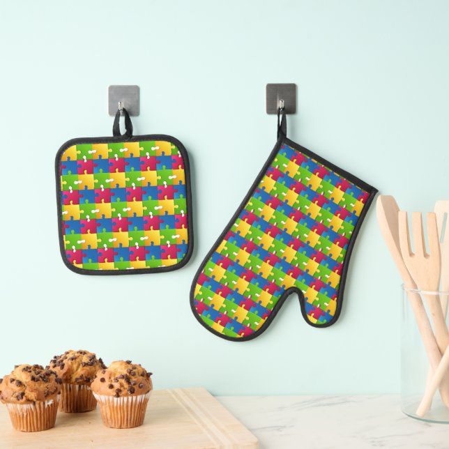 Puzzle Pieces Design Oven Mitt & Pot Holder Set (Insitu(Hanging))