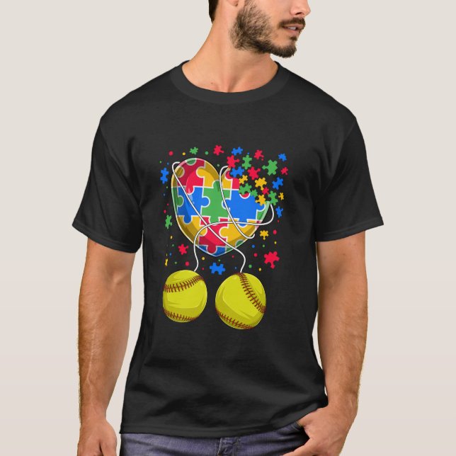 Puzzle Pieces Heart Holding Softball Balls Autism  T-Shirt (Front)