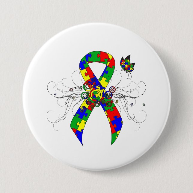 Puzzle Ribbon Butterfly 7.5 Cm Round Badge (Front)