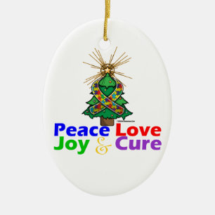 Puzzle Ribbon Christmas Peace Love, Joy & Cure Ceramic Tree Decoration