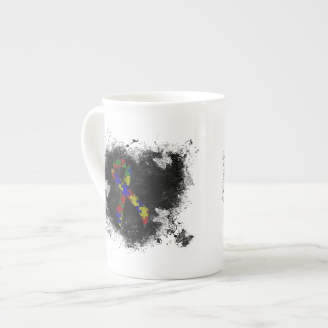 Puzzle Ribbon Grunge Heart Bone China Mug (Front Left)