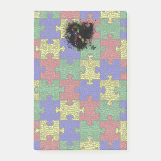 Puzzle Ribbon Grunge Heart Post-it Notes (Front)