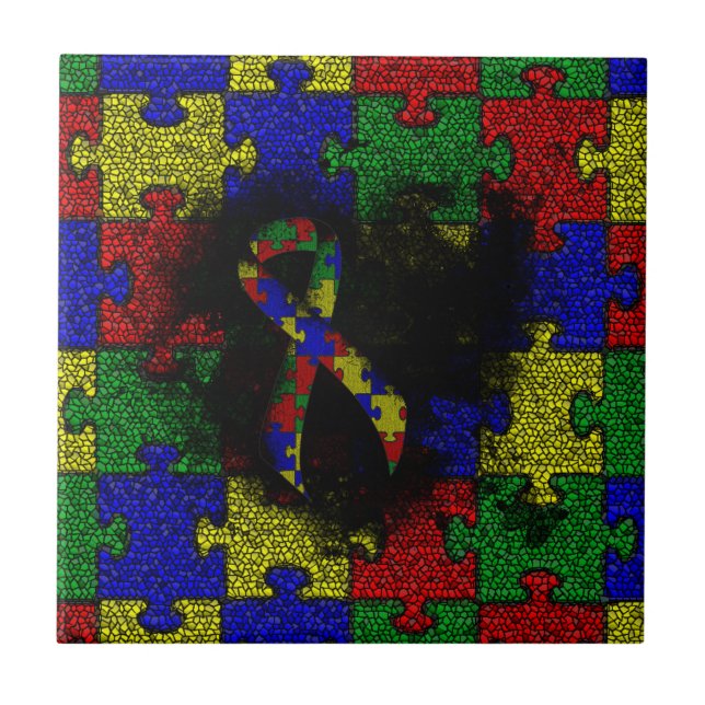 Puzzle Ribbon Grunge Heart Tile (Front)