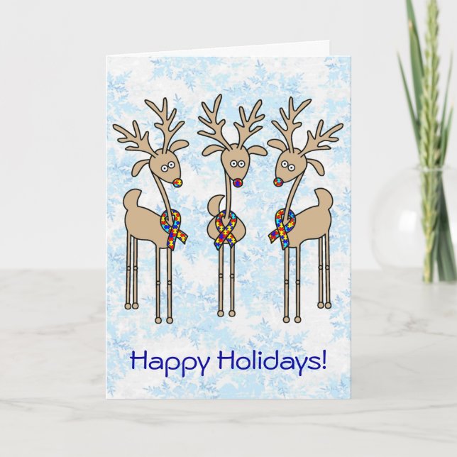 Puzzle Ribbon Reindeer - Autism Awareness Holiday Card (Front)