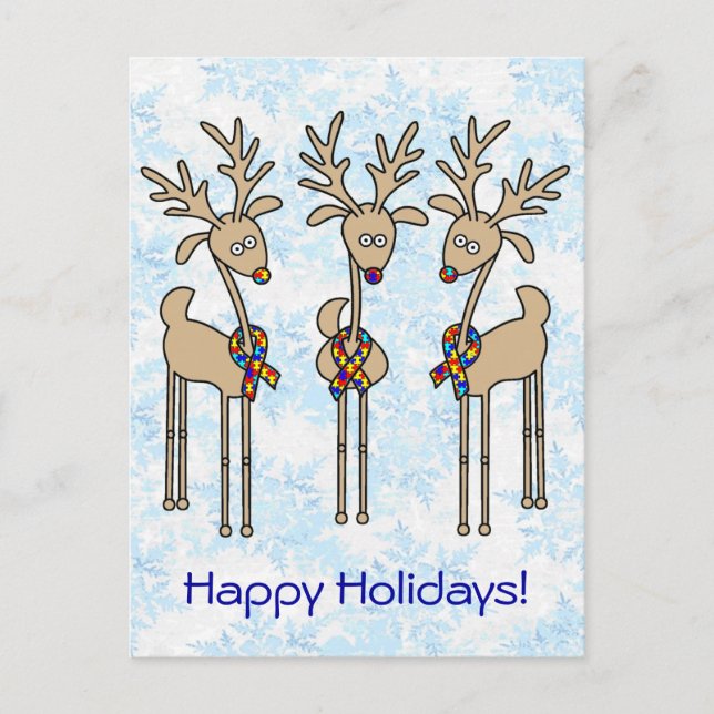 Puzzle Ribbon Reindeer - Autism Awareness Holiday Postcard (Front)
