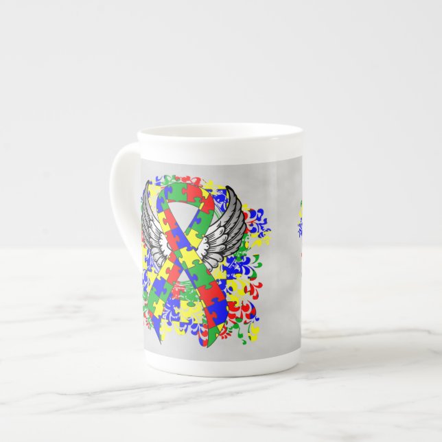 Puzzle Ribbon With Wings Bone China Mug (Front Left)