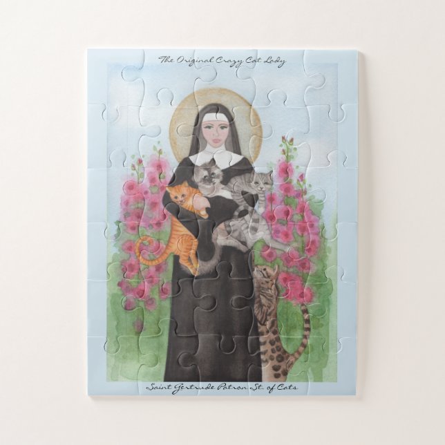 PUZZLE Saint Gertrude Patron St. of Cats Add Text (Vertical)