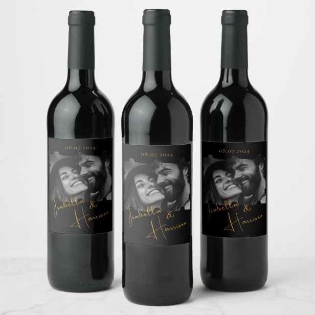 Puzzle Shaped Custom Photo Black and Gold Wine Label (Bottles)