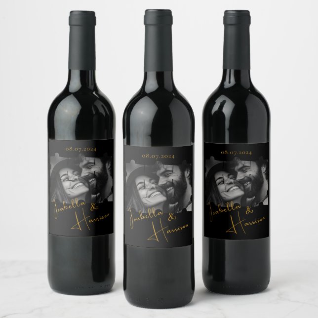 Puzzle Shaped Custom Photo wedding Black and Gold Wine Label (Bottles)