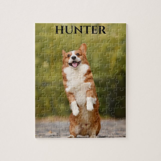 Puzzle with a corgi picture and personalised name. (Vertical)
