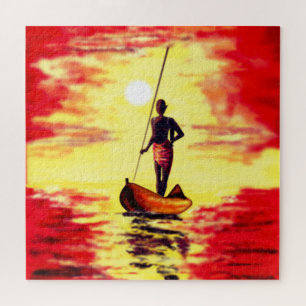 Puzzle with Fisherman On The Boat At Sunset