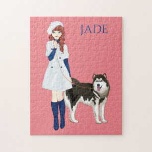 Puzzle with girl walking husky dog. Custom name.