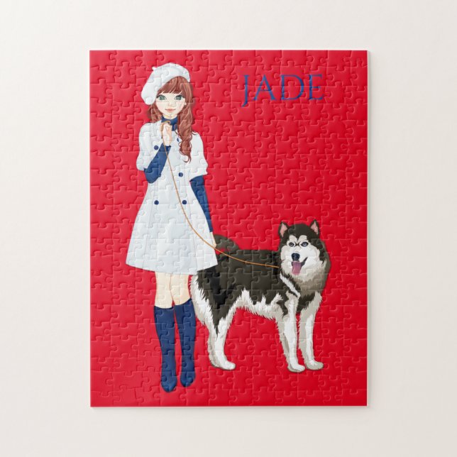 Puzzle with girl walking husky dog. Custom name. (Vertical)
