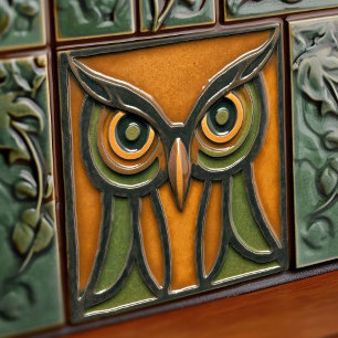 Puzzled Owl in Orange Arts & Crafts Movement Tile