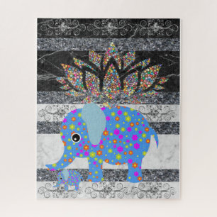 Puzzles Blue Elephant Black & White Marble Floral