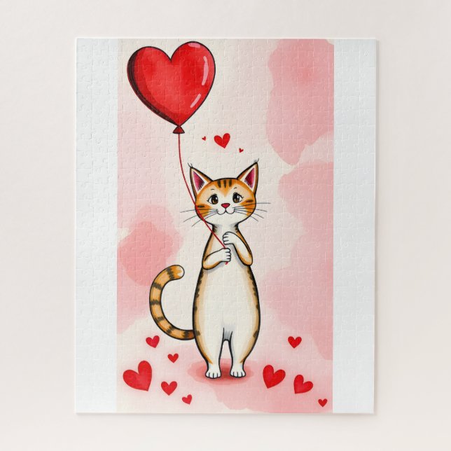 Puzzles Cat Red Hearts Happy Valentine's Day  (Vertical)