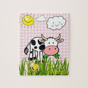 Puzzles Cow Bumblebee Sun Clouds Pink Plaid