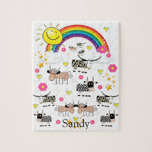 Puzzles Cow Sun Clouds Rainbow Floral
