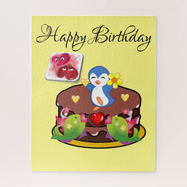Puzzles Fish Penguin Hearts Happy Birthday (Vertical)